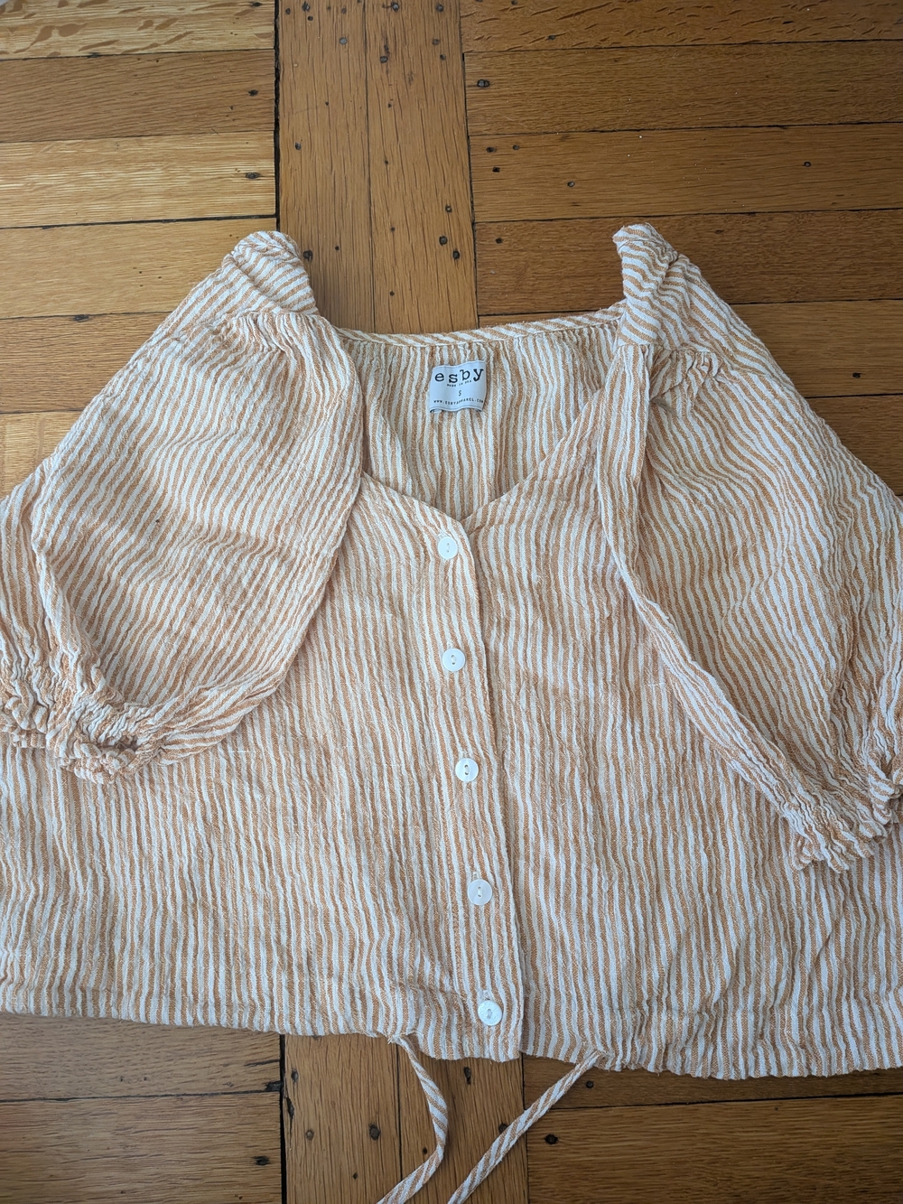 esby Cream and White Striped Puff Sleeve Button-Front Top